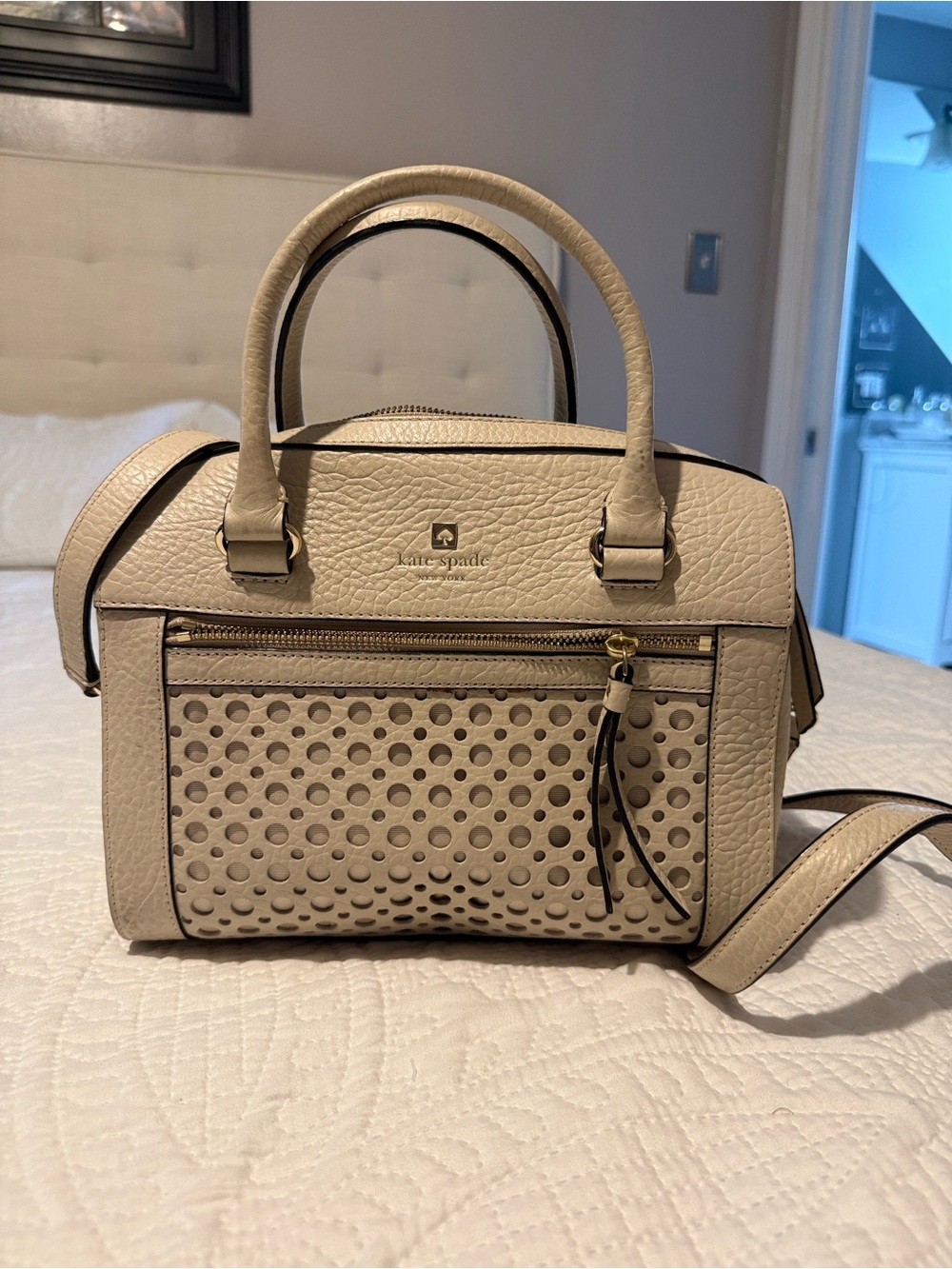 kate spade Cream Textured Crossbody Satchel with Perforated Front